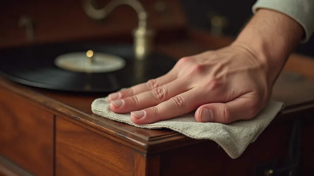 Hand gently polishing a section of an antique mahogany phonograph cabinet