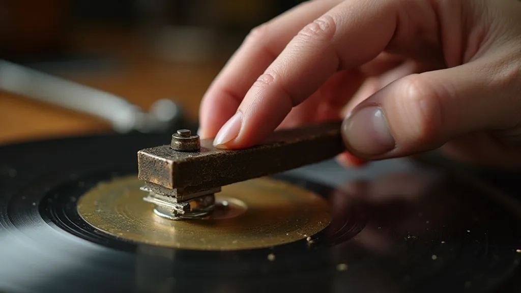 Close-up of a vintage phonograph stylus being handled carefully