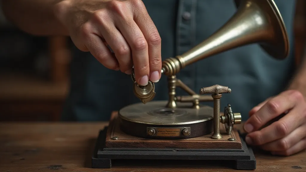 Phonograph technician winding a spring